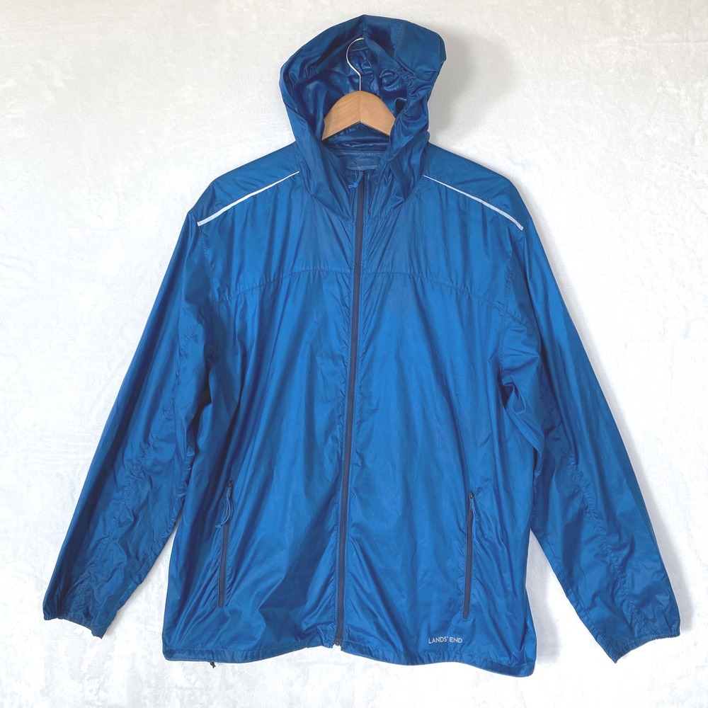 Lands End Mens Blue Hooded Lightweight Windbreaker Jacket Size L‎